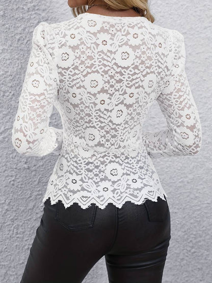Lace Blouse | See Through | V-Neck | Long Sleeve Lace Top | Women's Clothing-Fashion Nora