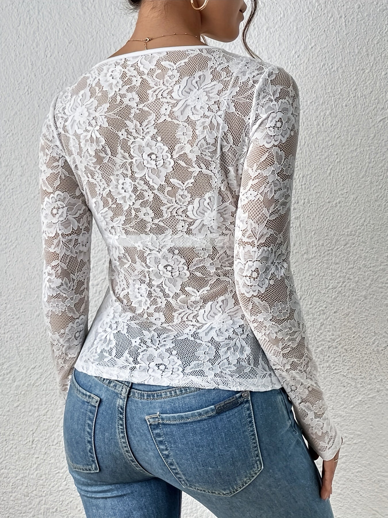 Lace Blouse | V-Neck | See Through | Lace Top | Long Sleeve Lace Top-Fashion Nora