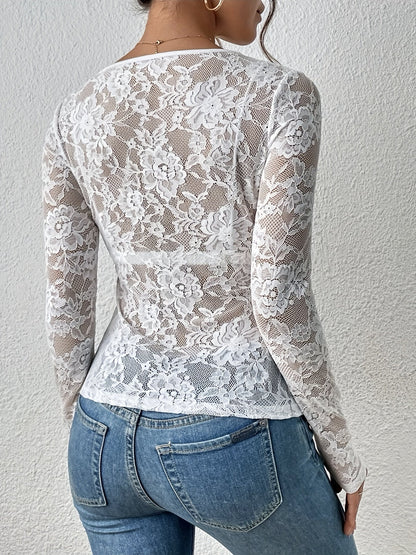 Lace Blouse | V-Neck | See Through | Lace Top | Long Sleeve Lace Top-Fashion Nora