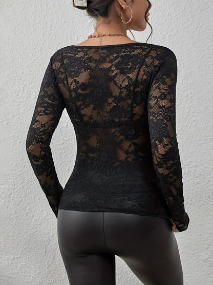 Lace Blouse | V-Neck | See Through | Lace Top | Long Sleeve Lace Top-Fashion Nora