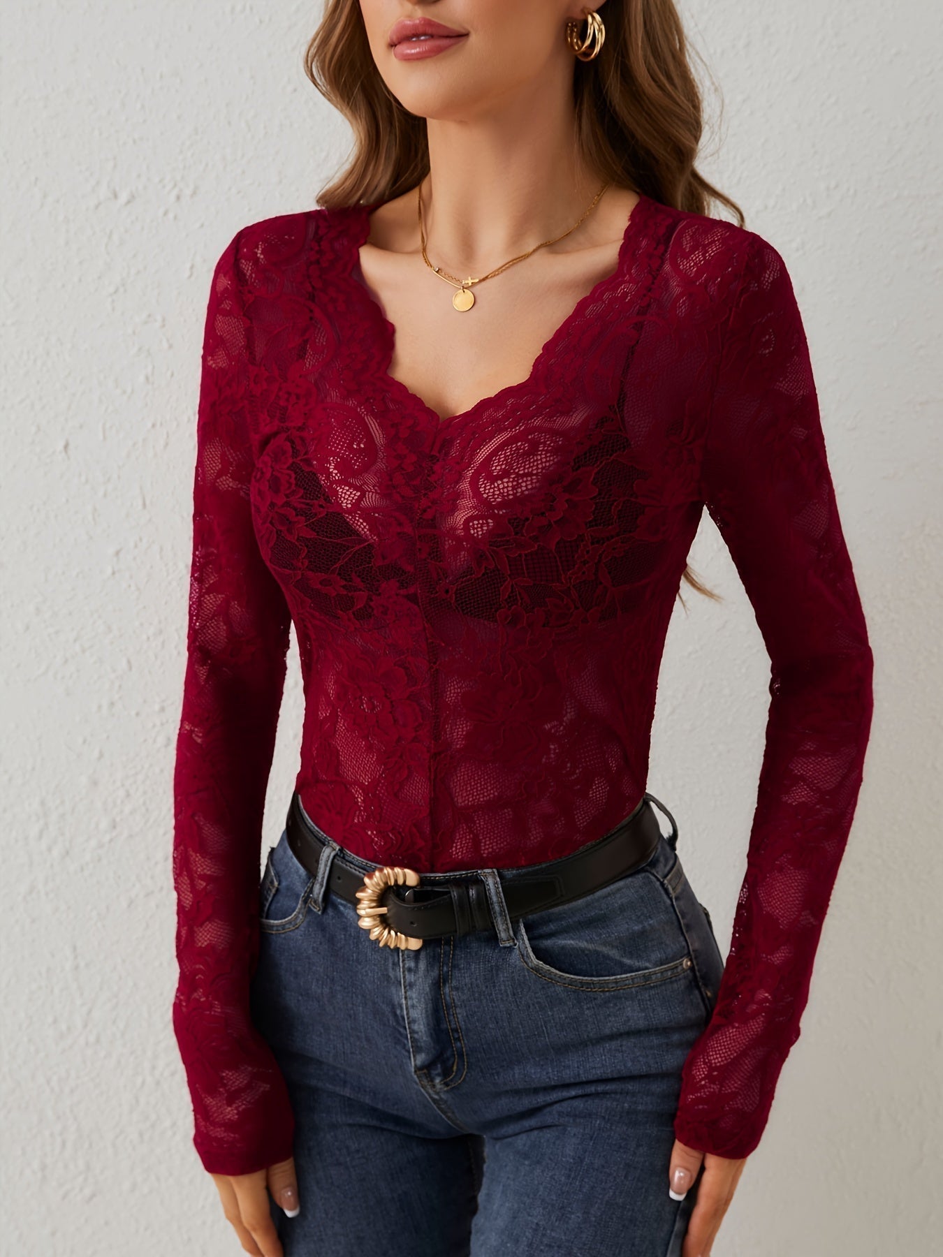 Lace Blouse | V-Neck | See Through | Lace Top | Long Sleeve Lace Top-Fashion Nora
