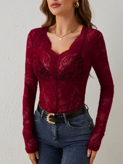 Lace Blouse | V-Neck | See Through | Lace Top | Long Sleeve Lace Top-Fashion Nora