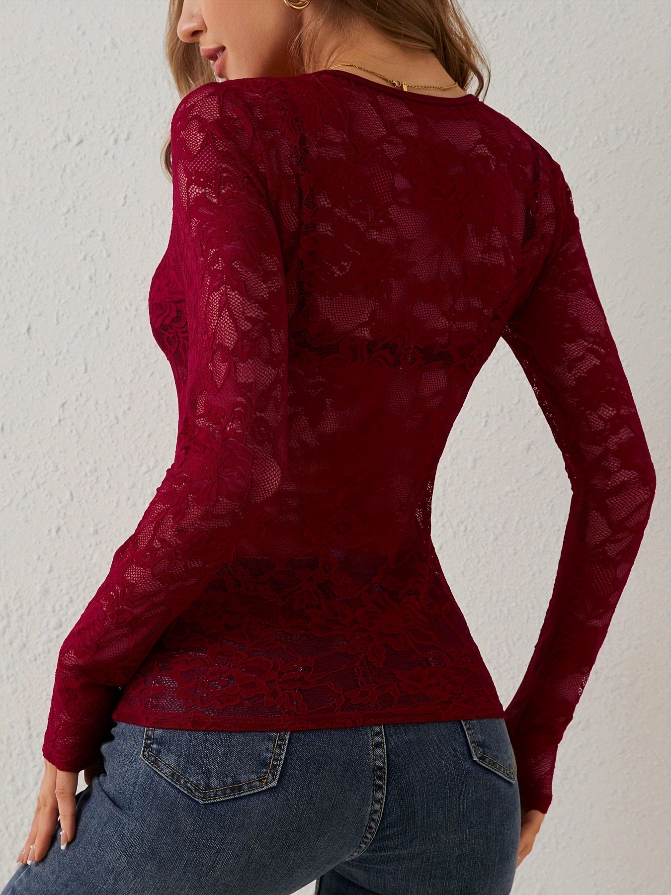 Lace Blouse | V-Neck | See Through | Lace Top | Long Sleeve Lace Top-Fashion Nora