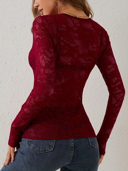 Lace Blouse | V-Neck | See Through | Lace Top | Long Sleeve Lace Top-Fashion Nora