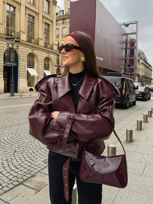 Leatherette Jacket - Faux Leather - Biker- Burgundy Leather Jacket - Women's Jacket-Fashion Nora