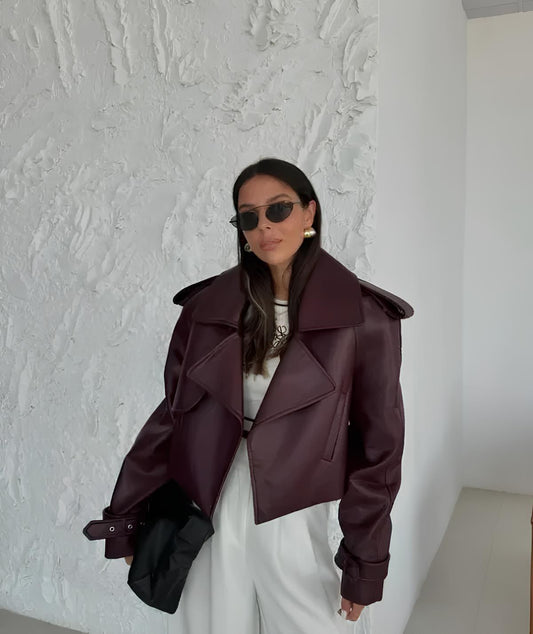 Leatherette  Jacket | Open | Cropped | Fake Leather Jacket | Burgundy Leather Jacket-Fashion Nora