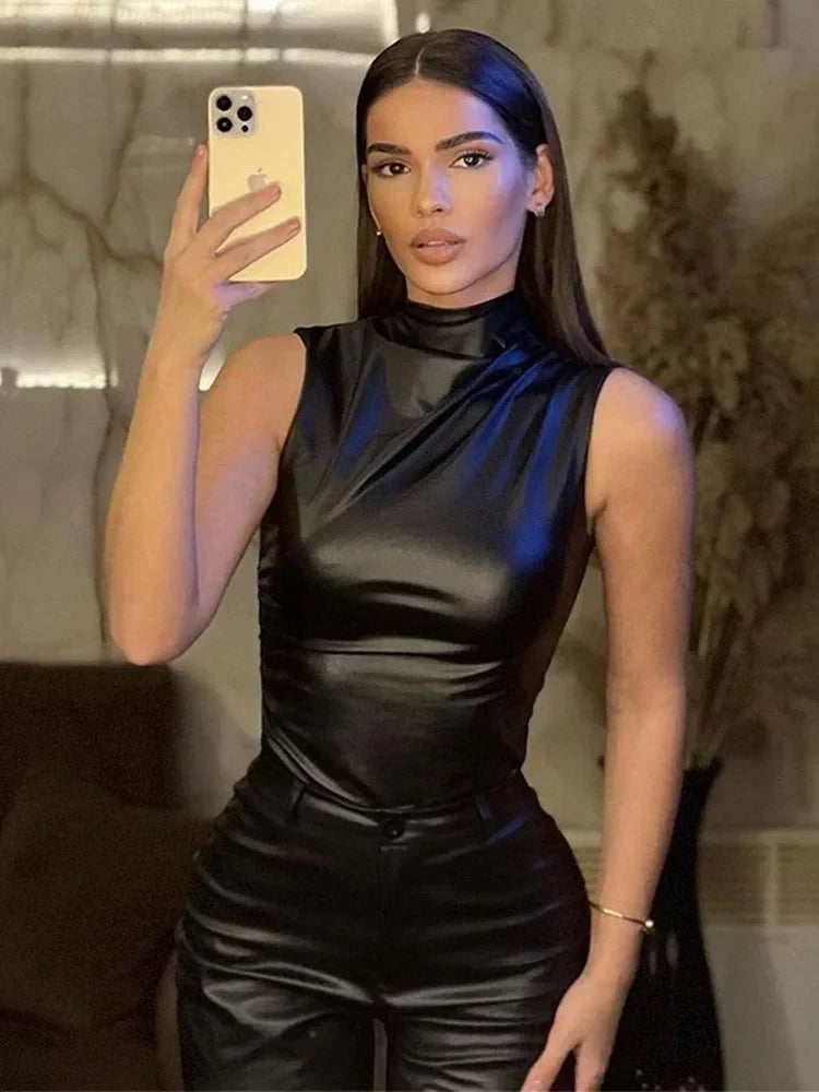 Leatherette Top - High Neck - Faux Leather - Sleeveless Top - Women's Clothing-Fashion Nora