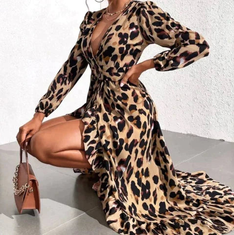 Leopard Dress - Long Sleeve - V-Neck - Wrap Dress - Maxi Dress-Fashion Nora