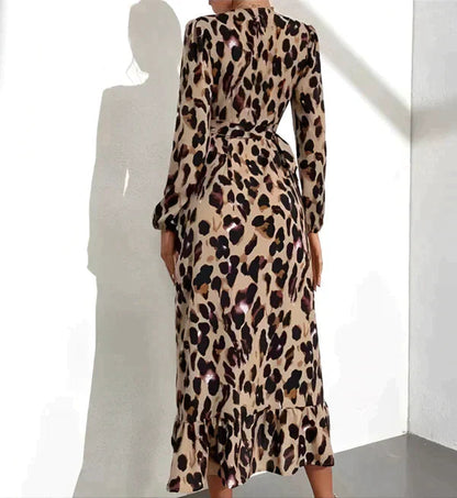 Leopard Dress - Long Sleeve - V-Neck - Wrap Dress - Maxi Dress-Fashion Nora