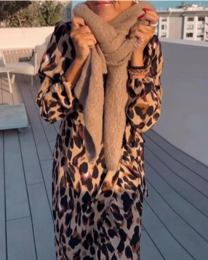 Leopard Dress - Long Sleeve - V-Neck - Wrap Dress - Maxi Dress-Fashion Nora