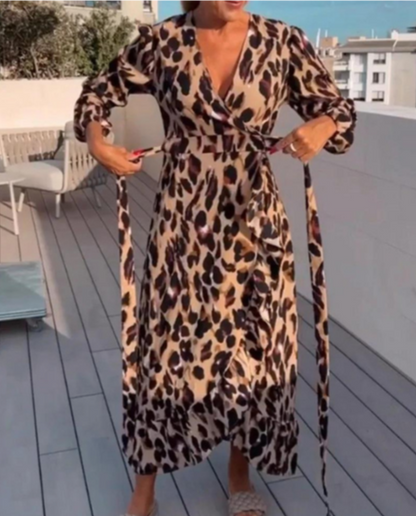 Leopard Dress - Long Sleeve - V-Neck - Wrap Dress - Maxi Dress-Fashion Nora