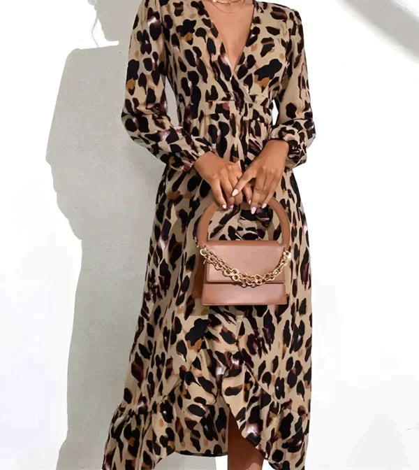 Leopard Dress - Long Sleeve - V-Neck - Wrap Dress - Maxi Dress-Fashion Nora