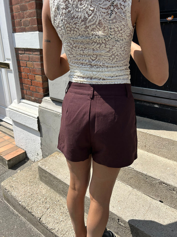 Line Linen Shorts - Dark Brown-Fashion Nora
