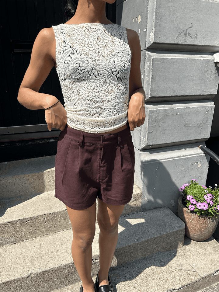 Line Linen Shorts - Dark Brown-Fashion Nora