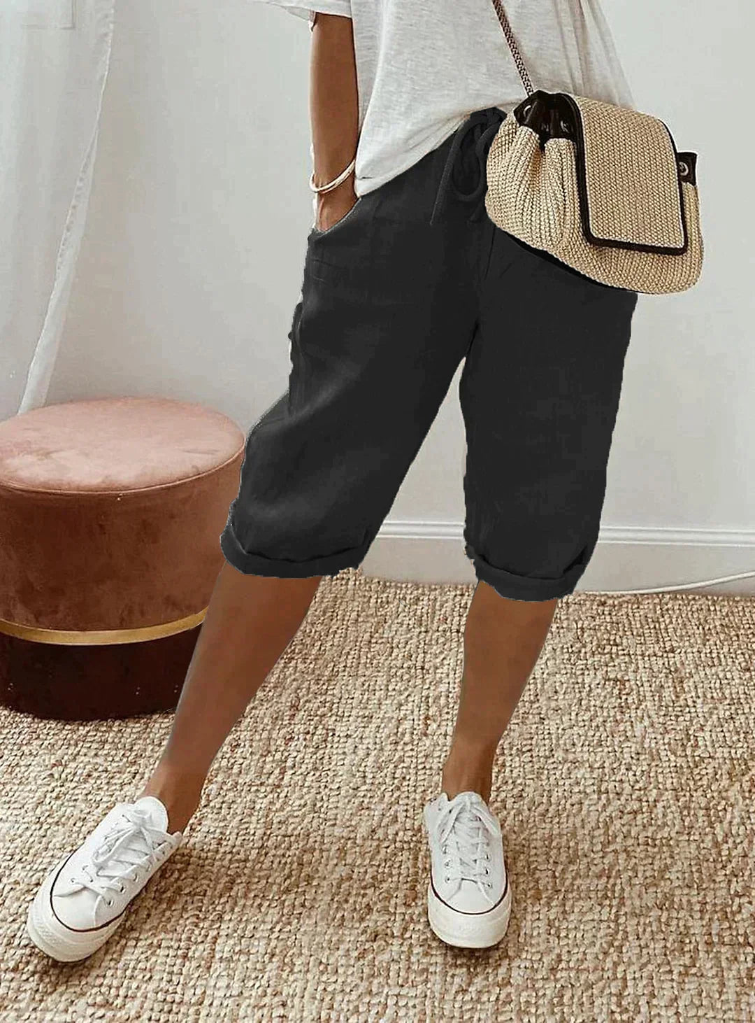 Linen Capri Pants | Drawstring | Loose Fit | Long Linen Shorts | Ladies Summer Trousers-Fashion Nora
