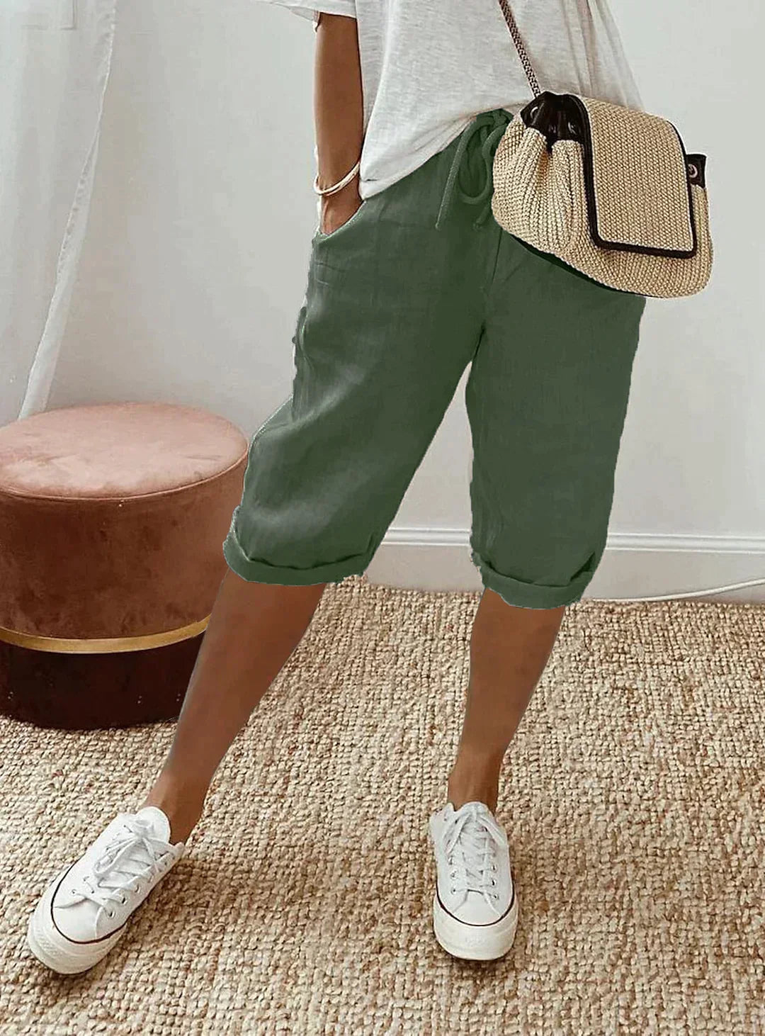 Linen Capri Pants | Drawstring | Loose Fit | Long Linen Shorts | Ladies Summer Trousers-Fashion Nora
