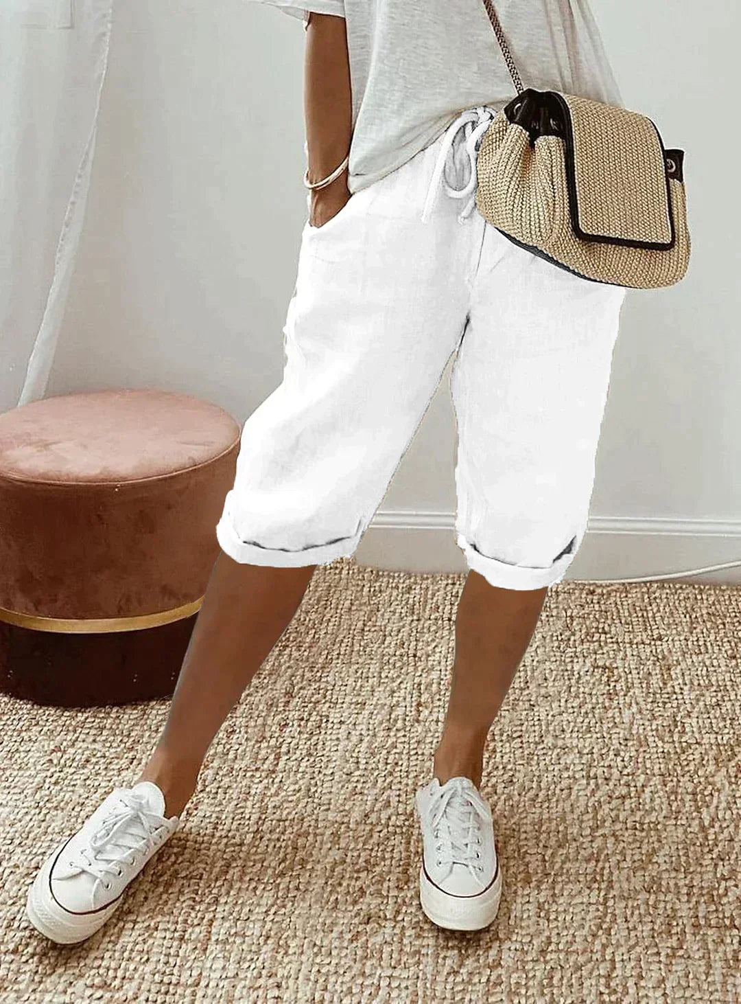 Linen Capri Pants | Drawstring | Loose Fit | Long Linen Shorts | Ladies Summer Trousers-Fashion Nora