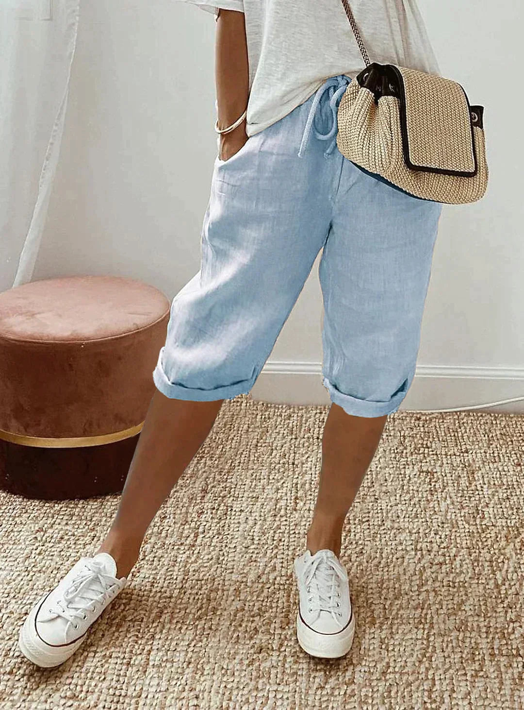Linen Capri Pants | Drawstring | Loose Fit | Long Linen Shorts | Ladies Summer Trousers-Fashion Nora