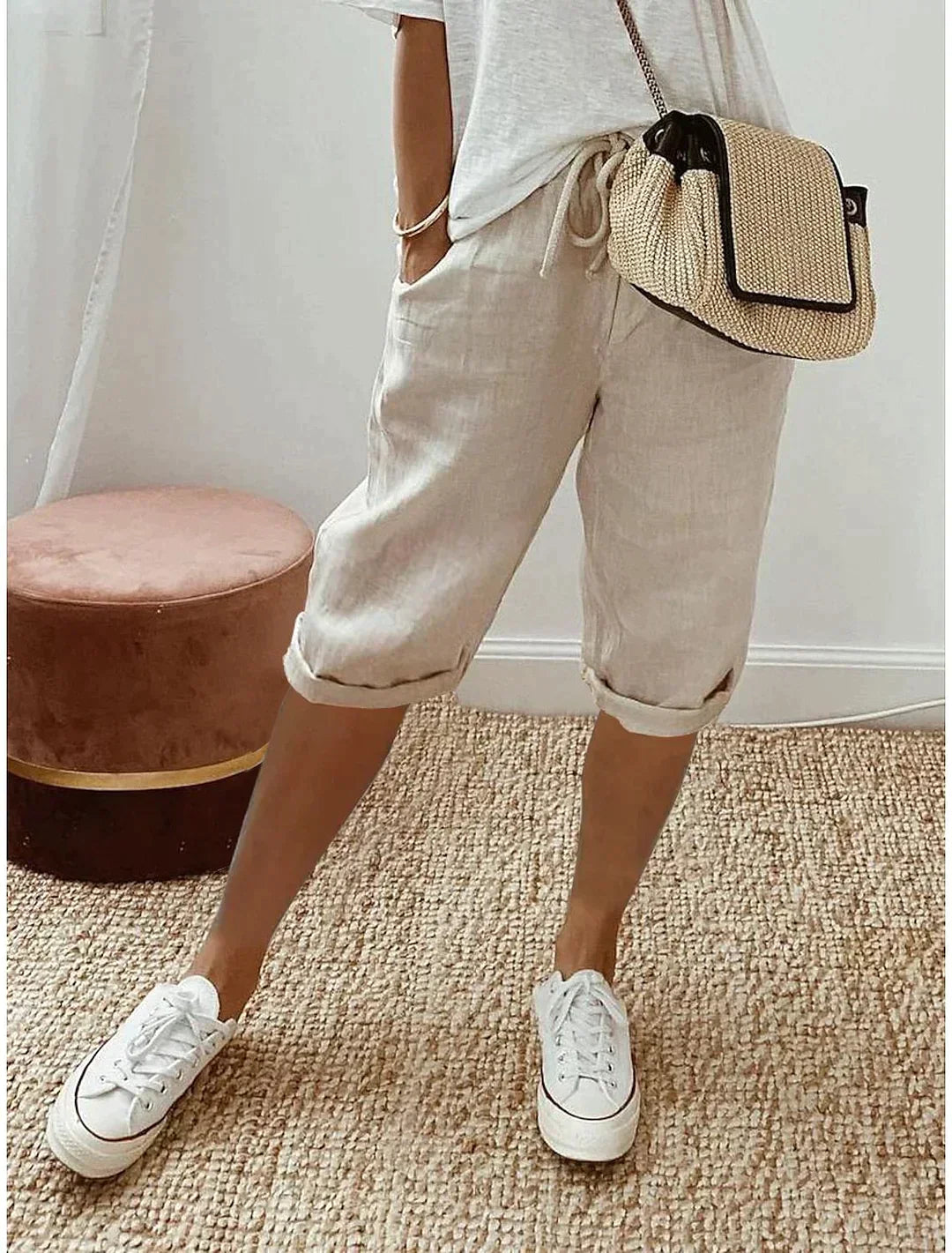 Linen Capri Pants | Drawstring | Loose Fit | Long Linen Shorts | Ladies Summer Trousers-Fashion Nora
