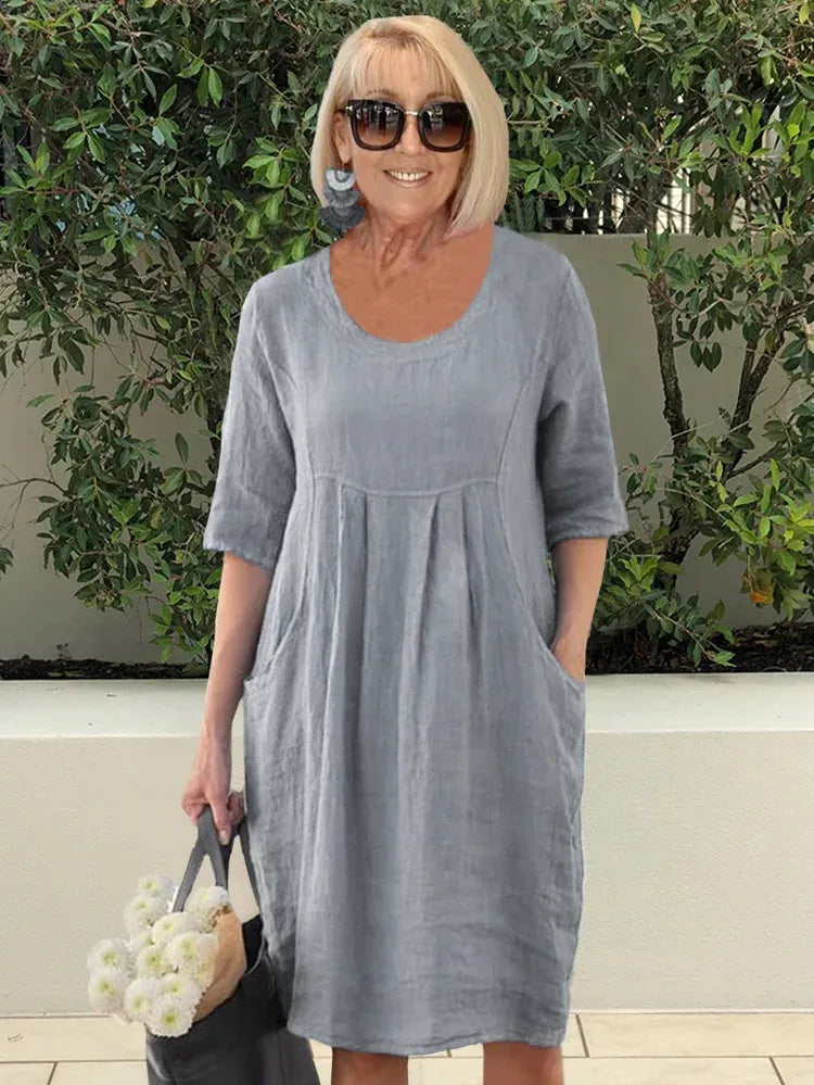 Linen Dress | Loose Fit | Half Sleeve | Casual Dress | Summer Dress-Fashion Nora