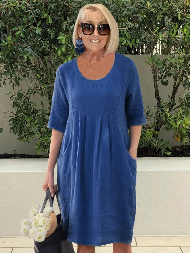Linen Dress | Loose Fit | Half Sleeve | Casual Dress | Summer Dress-Fashion Nora