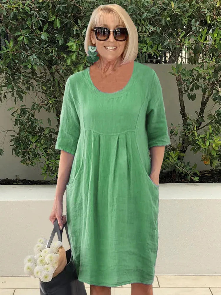 Linen Dress | Loose Fit | Half Sleeve | Casual Dress | Summer Dress-Fashion Nora