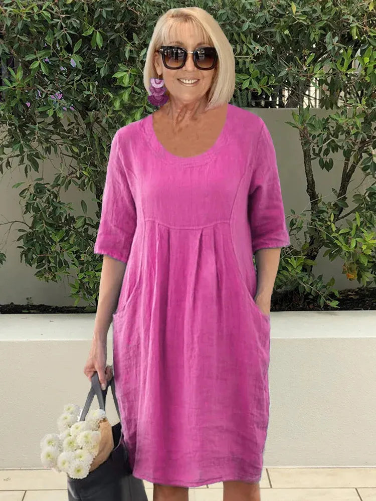 Linen Dress | Loose Fit | Half Sleeve | Casual Dress | Summer Dress-Fashion Nora