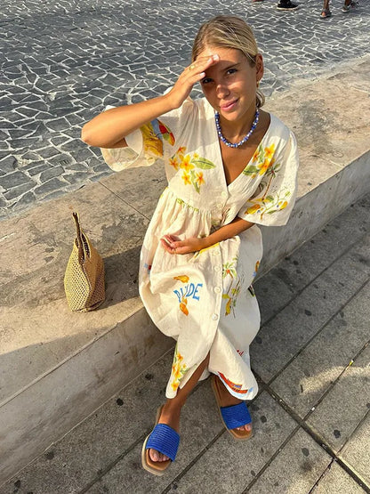 Linen Dress - Women's Loose Fit Button-Up Midi Summer Dress-Fashion Nora