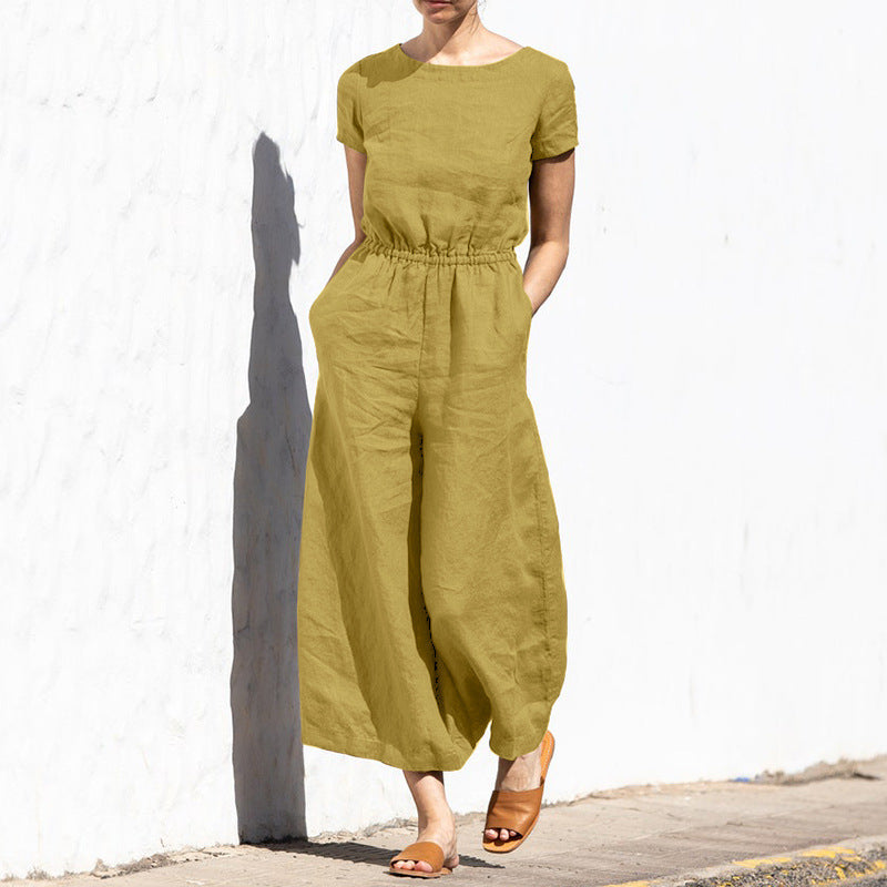 Linen Jumpsuit | Casual | Short Sleeve | Wide Leg Jumpsuit | Summer Clothes-Fashion Nora