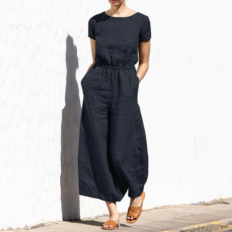 Linen Jumpsuit | Casual | Short Sleeve | Wide Leg Jumpsuit | Summer Clothes-Fashion Nora