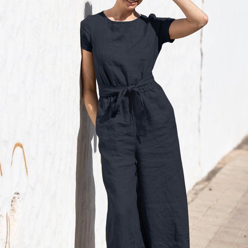 Linen Jumpsuit | Casual | Short Sleeve | Wide Leg Jumpsuit | Summer Clothes-Fashion Nora