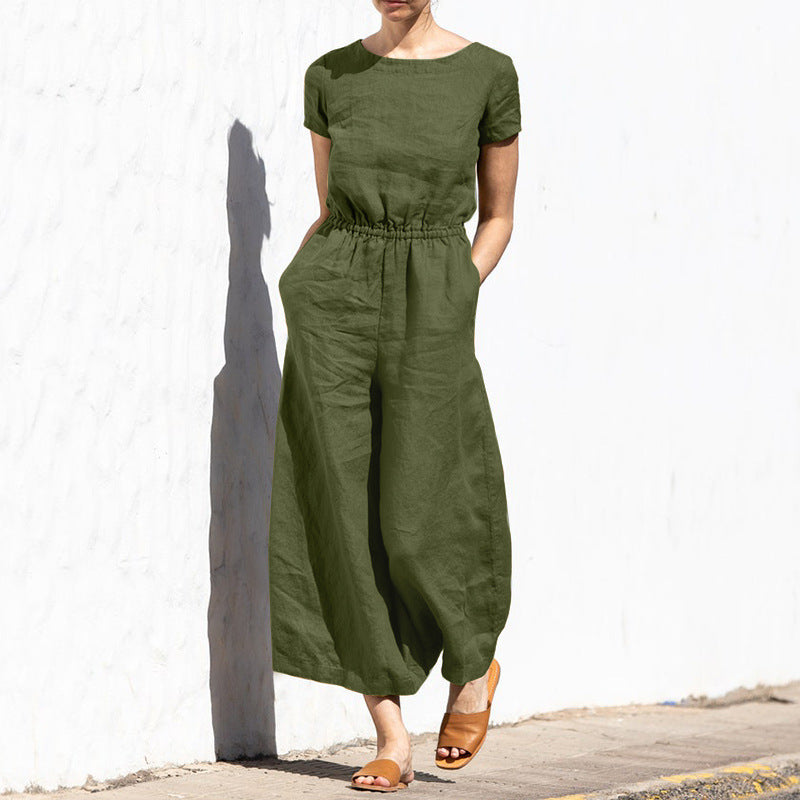 Linen Jumpsuit | Casual | Short Sleeve | Wide Leg Jumpsuit | Summer Clothes-Fashion Nora