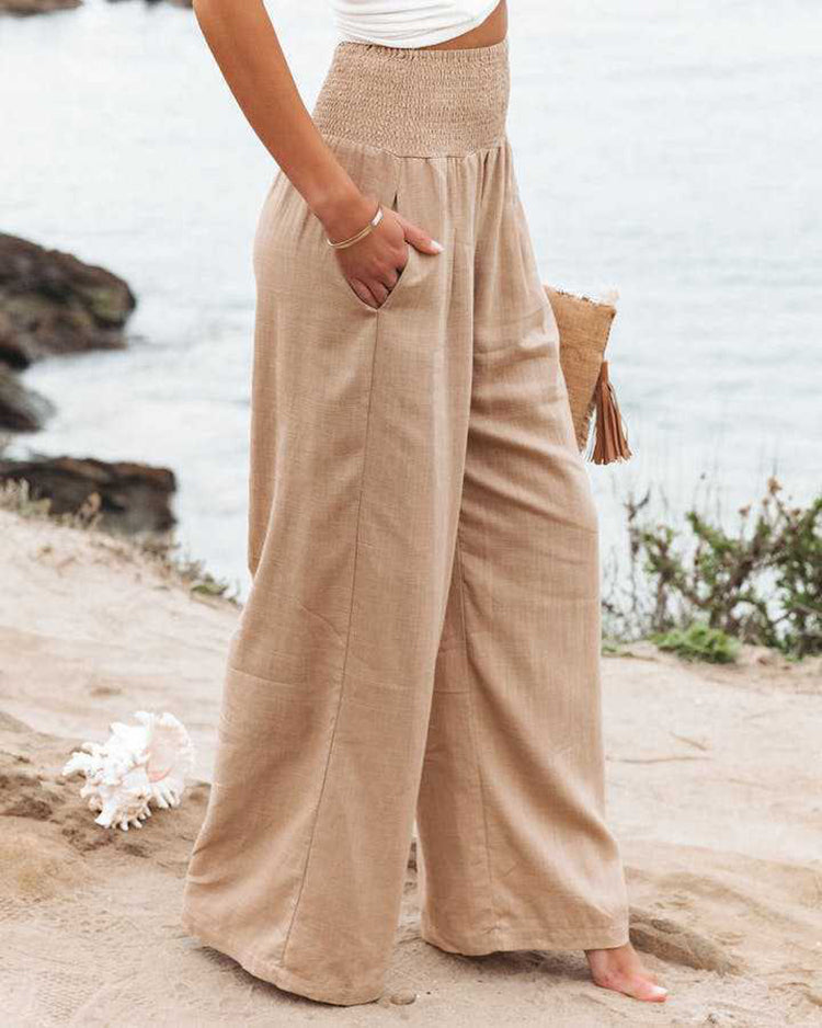 Linen Pants | Elastic Waist | High Waist | Wide Leg Pants | Women's Pants-Fashion Nora