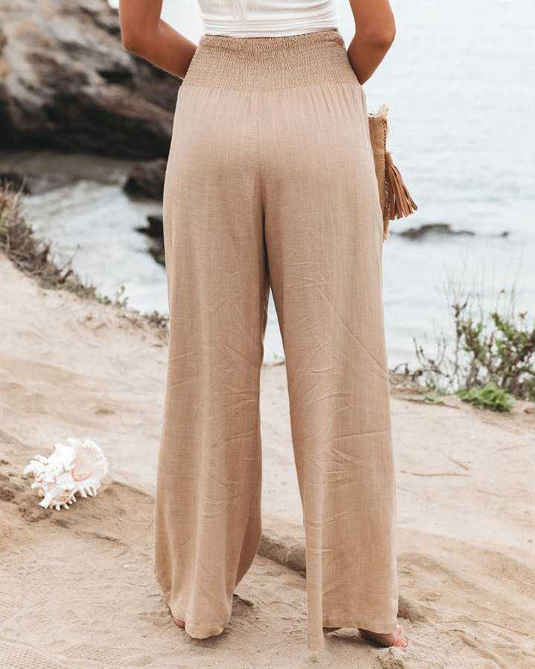 Linen Pants | Elastic Waist | High Waist | Wide Leg Pants | Women's Pants-Fashion Nora