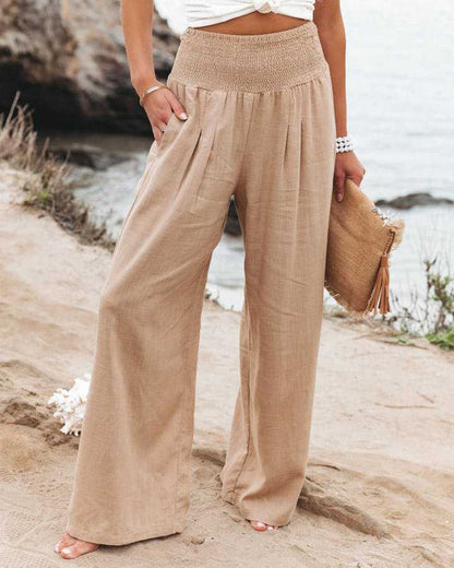 Linen Pants | Elastic Waist | High Waist | Wide Leg Pants | Women's Pants-Fashion Nora