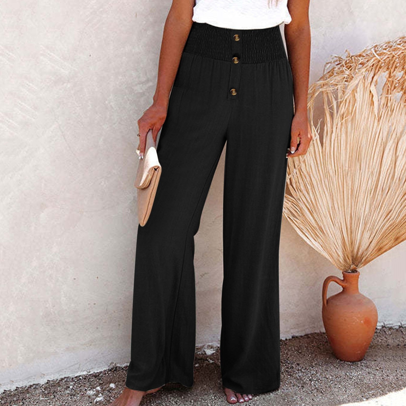 Linen Pants - Elastic Waist - High Waisted - Wide Leg Pants - Summer Pants-Fashion Nora