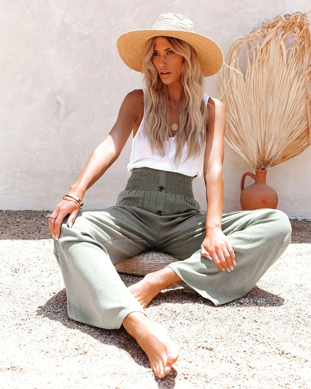 Linen Pants - Elastic Waist - High Waisted - Wide Leg Pants - Summer Pants-Fashion Nora