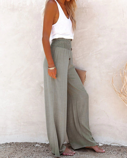 Linen Pants - Elastic Waist - High Waisted - Wide Leg Pants - Summer Pants-Fashion Nora