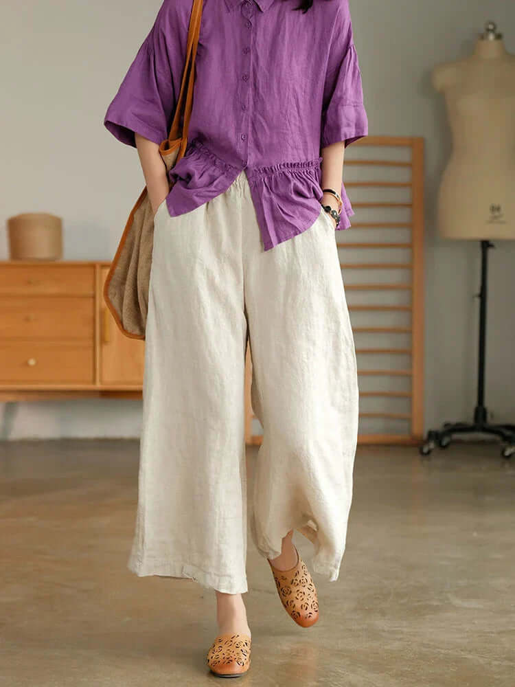 Linen Pants - Loose Fit - Elastic Waist - Summer Pants - Women's Trousers-Fashion Nora