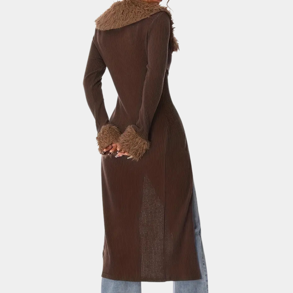 Long Cardigan | Rib Knit | Brown | Knitted Cardigan | Women's Cardigan-Fashion Nora