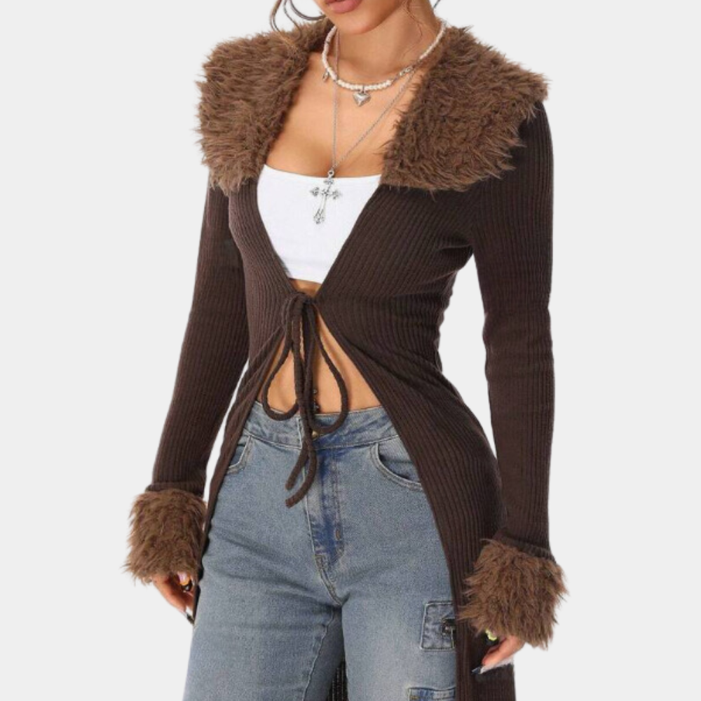 Long Cardigan | Rib Knit | Brown | Knitted Cardigan | Women's Cardigan-Fashion Nora
