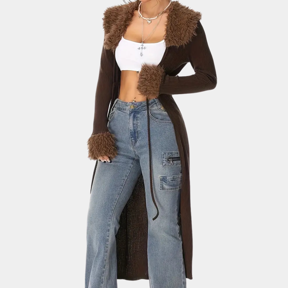 Long Cardigan | Rib Knit | Brown | Knitted Cardigan | Women's Cardigan-Fashion Nora