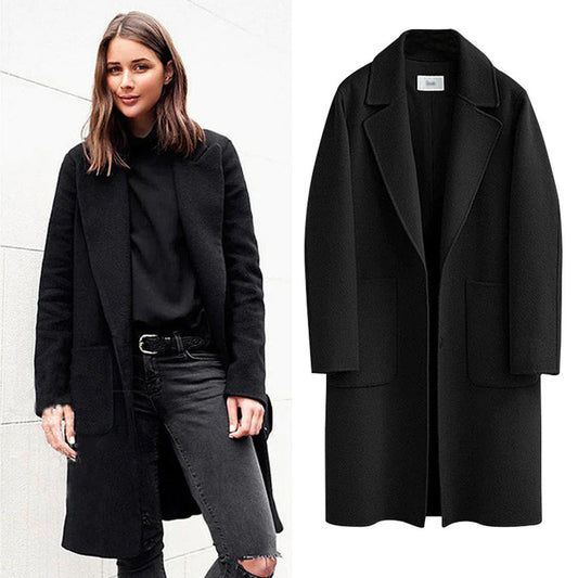 Long Coat | Single Breasted | Pockets | Woolen Coat | Women's Jacket-Fashion Nora