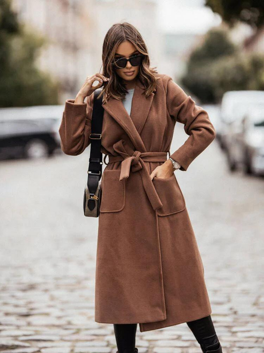 Long Coat - Women's Classic Belted Woolen Winter Coat-Fashion Nora