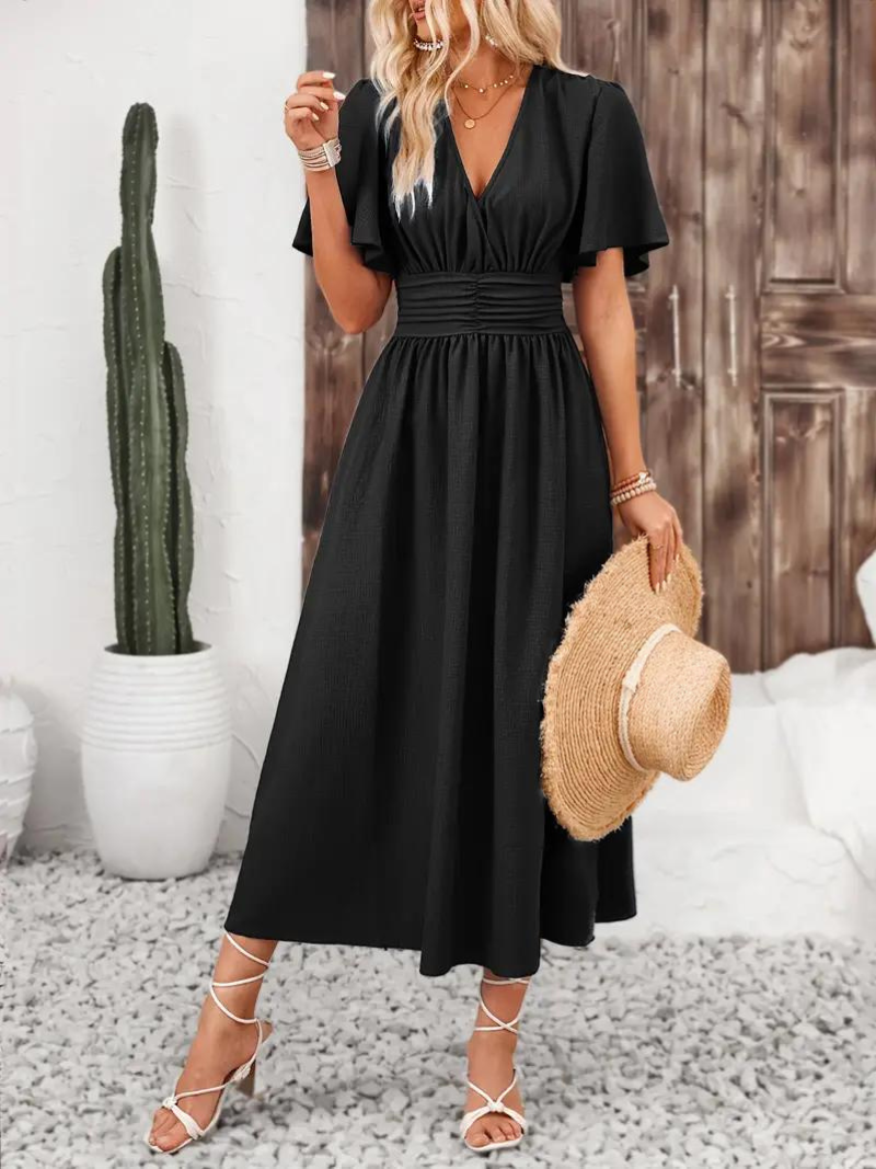 Long Dress - Short Sleeve - V Neck - Summer Dress - Maxi Sundress-Fashion Nora