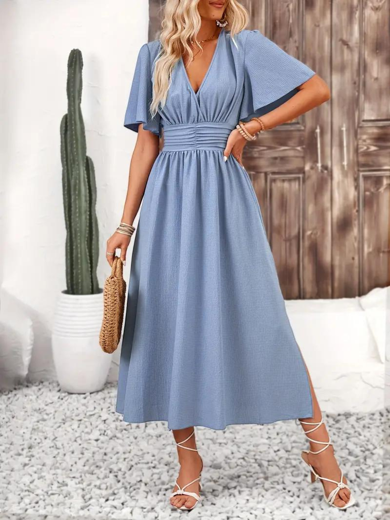 Long Dress - Short Sleeve - V Neck - Summer Dress - Maxi Sundress-Fashion Nora