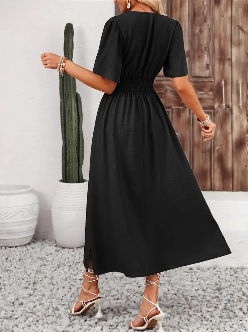 Long Dress - Short Sleeve - V Neck - Summer Dress - Maxi Sundress-Fashion Nora