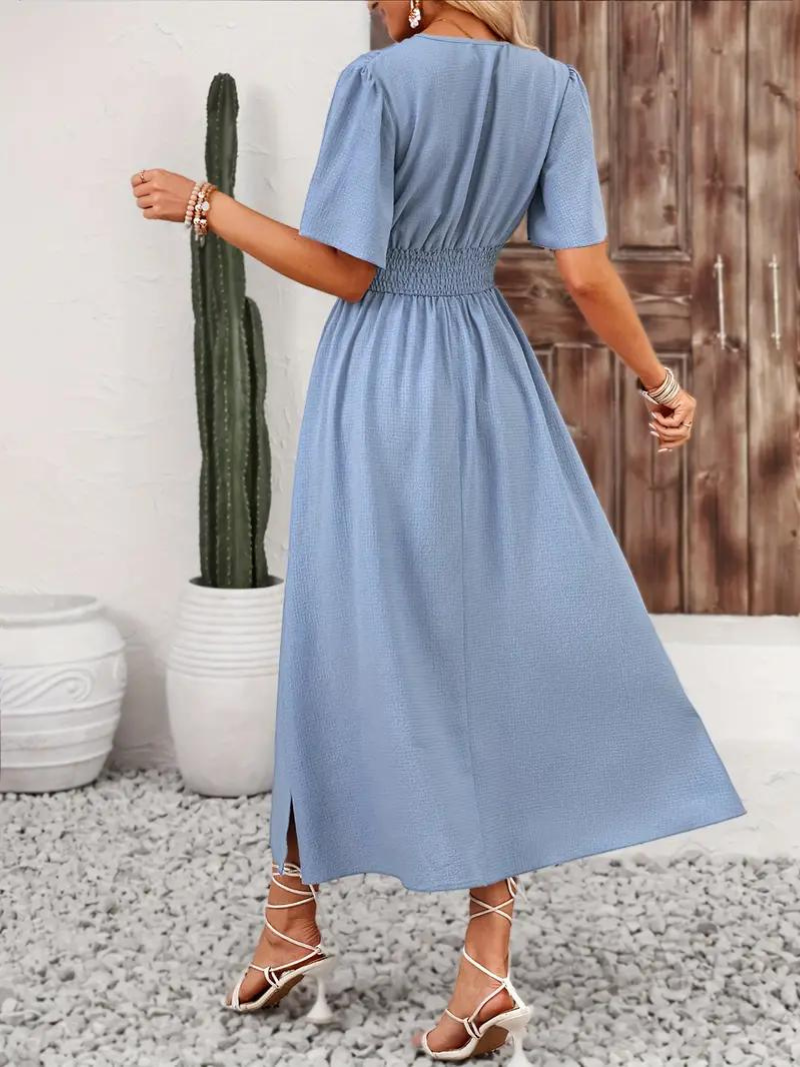 Long Dress - Short Sleeve - V Neck - Summer Dress - Maxi Sundress-Fashion Nora