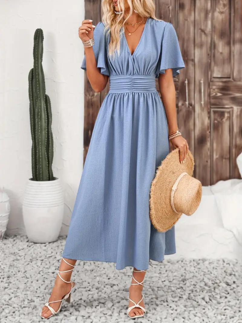 Long Dress - Short Sleeve - V Neck - Summer Dress - Maxi Sundress-Fashion Nora