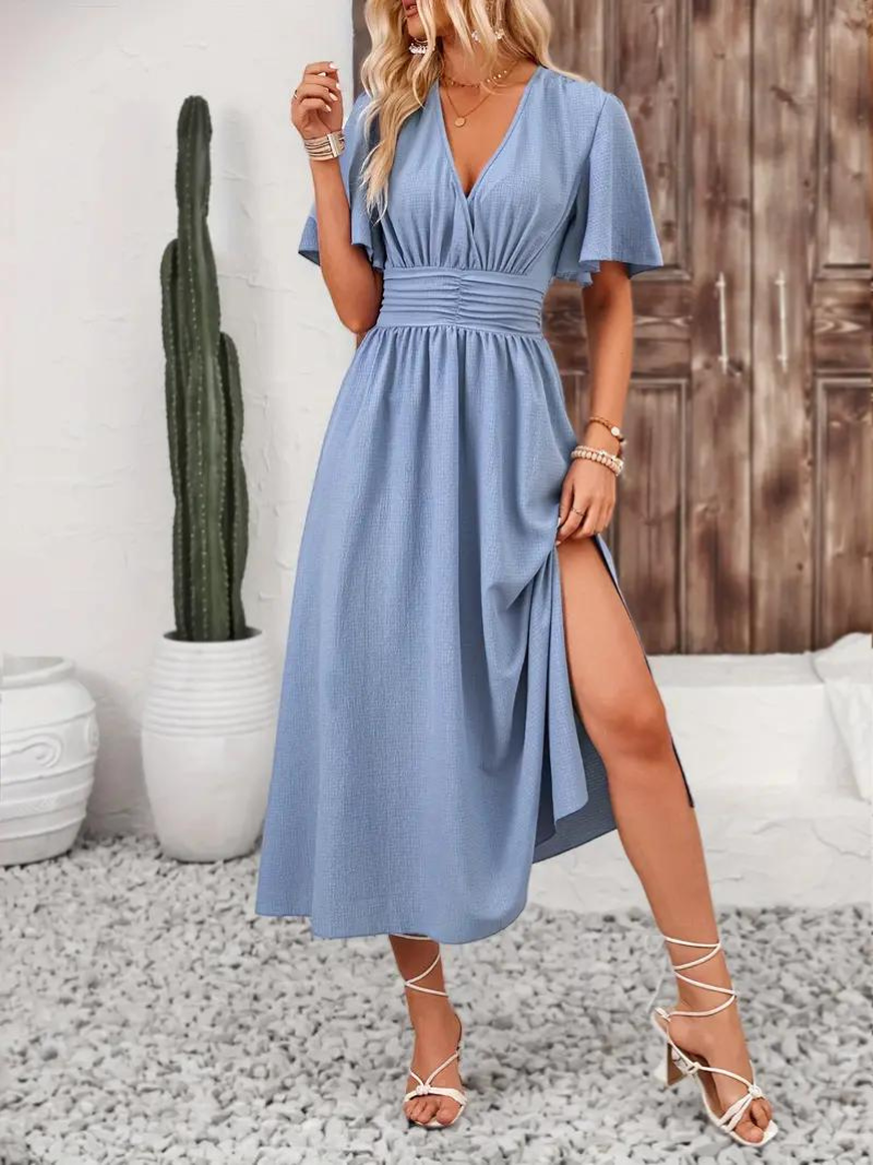 Long Dress Short Sleeve V Neck Summer Dress Maxi Sundress Fashion Nora